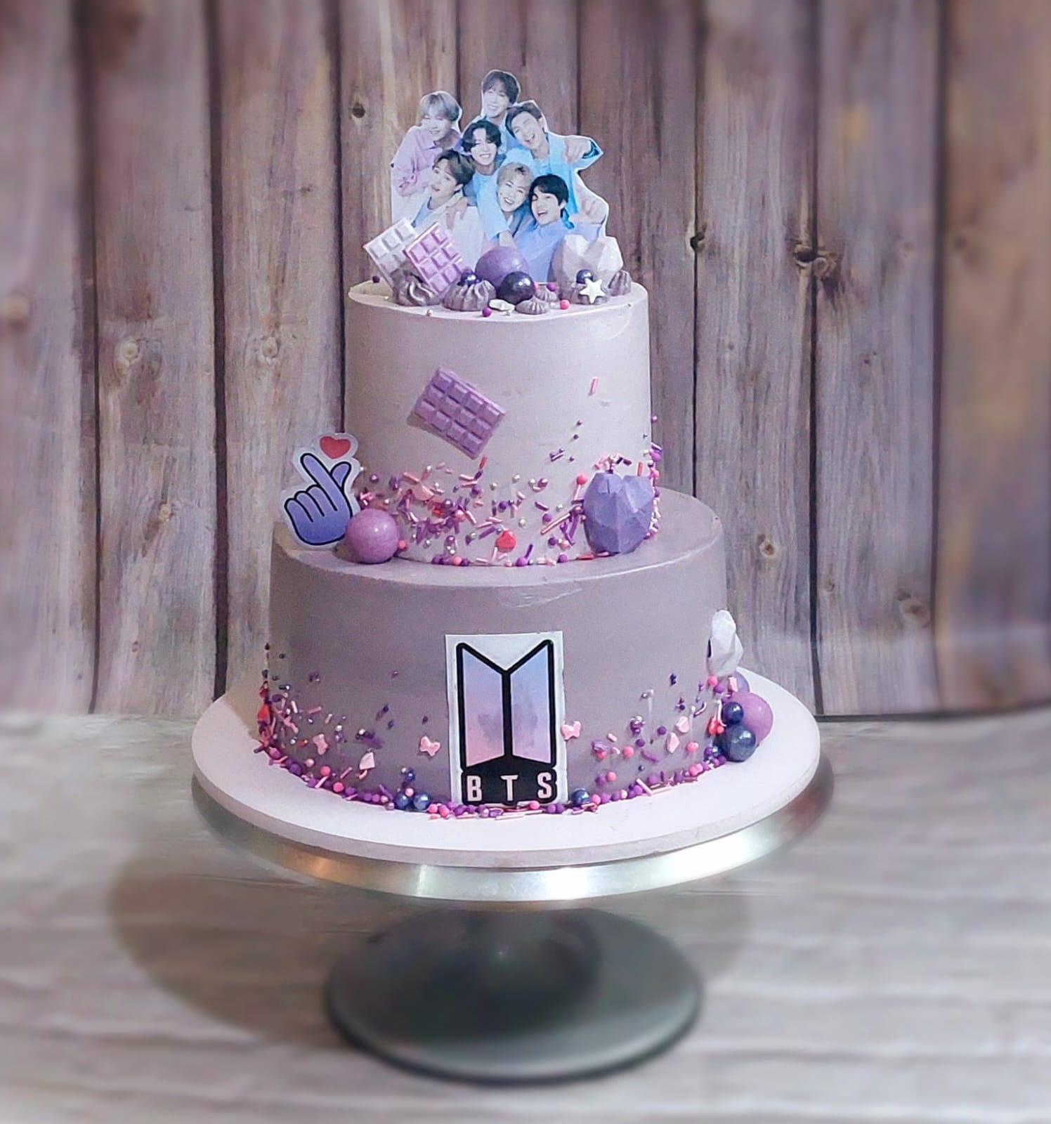 BTS Cake - Purple Birthday Cake with Photos and Flowers
